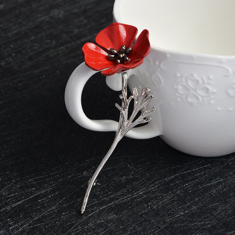 Spilla da donna con fiore di papavero rosso di classe - Argento - image 2