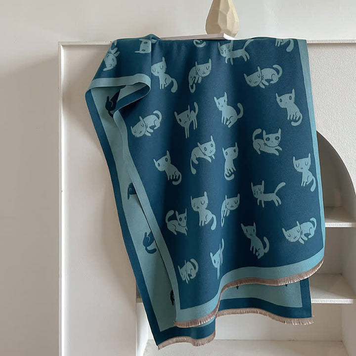 Sciarpa antifreddo con stampa di gatto, calda e grande, da donna - Blu - image 3