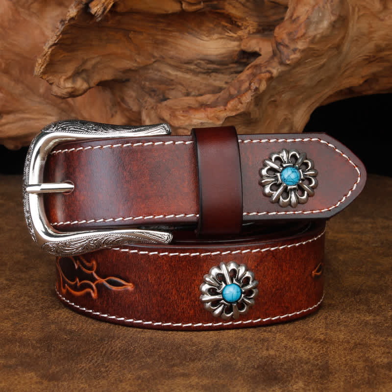 Cintura unisex retrò in pelle con fiori turchesi marroni