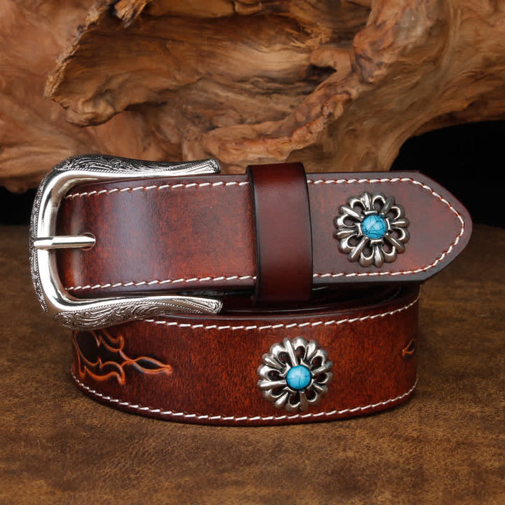 Cintura unisex retrò in pelle con fiori turchesi marroni