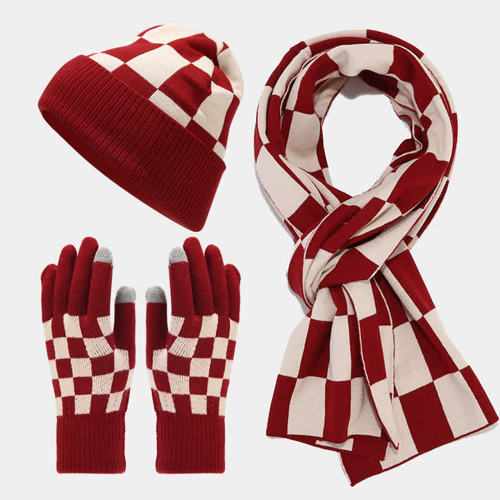 Set di 3 cappelli, sciarpe e guanti a quadri a scacchi unisex