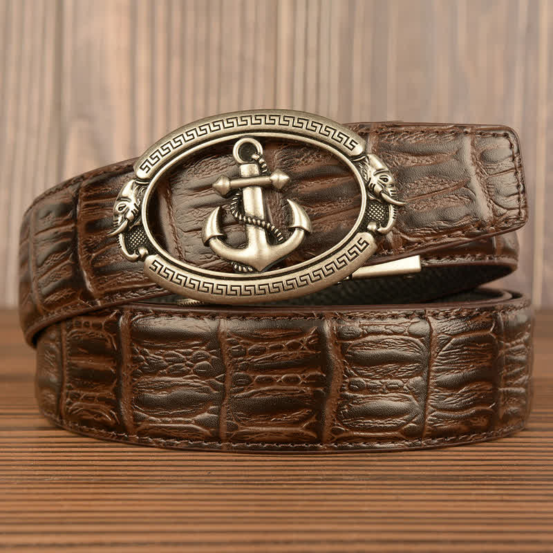 Cintura da uomo in pelle goffrata con ancora nautica e coccodrillo - Argento e marrone - Pelle di coccodrillo - 44 - image 13