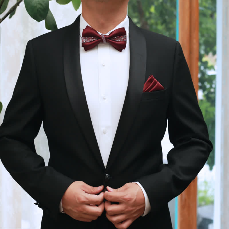 Papillon da uomo con strass rosso e fazzoletto da taschino