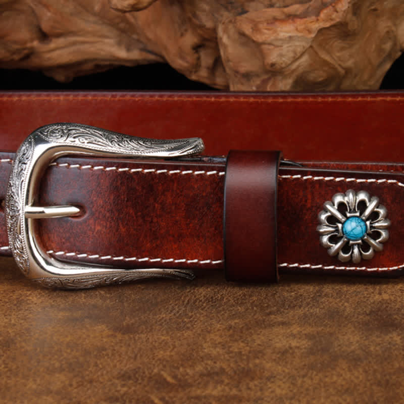 Cintura unisex retrò in pelle con fiori turchesi marroni