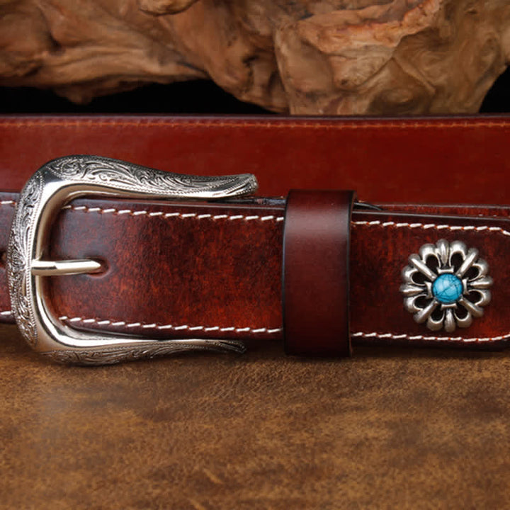 Cintura unisex retrò in pelle con fiori turchesi marroni