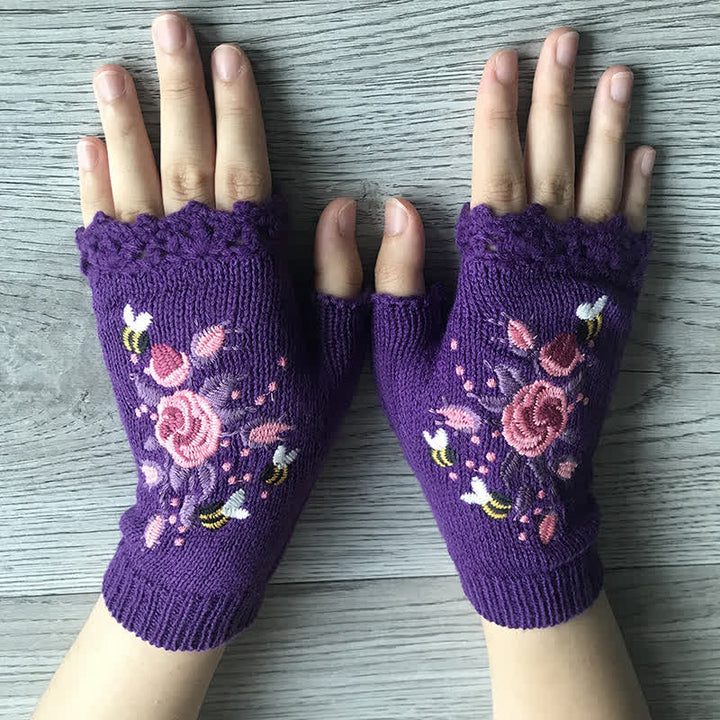 Guanti da donna in maglia a mezza dita con ricami floreali