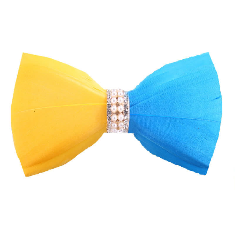 Papillon con piume di perle lucide gialle e blu con spilla da bavero - Giallo e blu - image 0