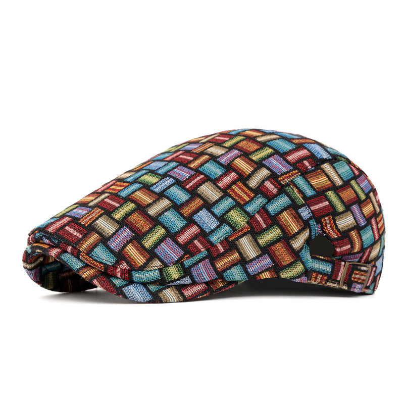 Cappello basco a quadri jacquard colorati retrò artistici - Fibbia del bordo - Blu scuro - Regolabile (22 1/2"-24") - image 13