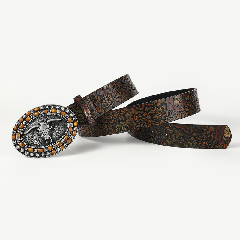 Cintura in pelle da uomo con testa di toro intagliata con perline di legno - image 1