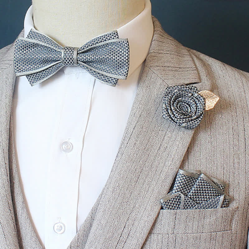 Set di 3 cravatte a farfalla da sposo con motivo a micro quadri da uomo - Pianura - Blu polveroso - image 3