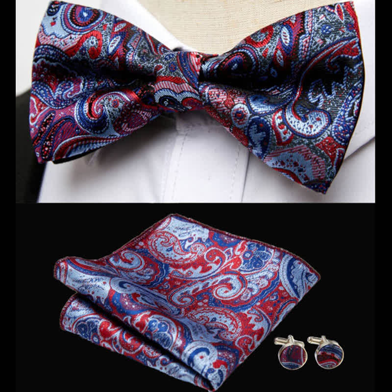 Set di 3 fazzoletti da taschino con papillon Paisley di lusso da uomo - Rosso e blu - image 0