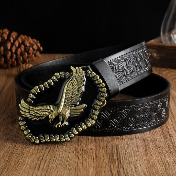 Cintura in pelle da uomo con aquila in oro antico e falco che vola