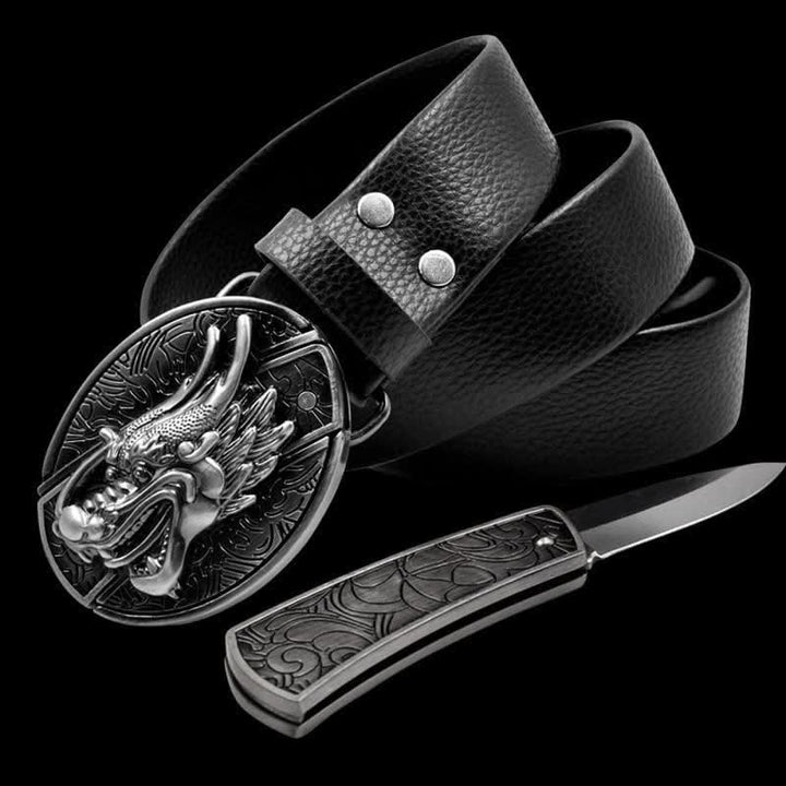 Cintura in pelle vintage da uomo con drago 3D e coltello pieghevole