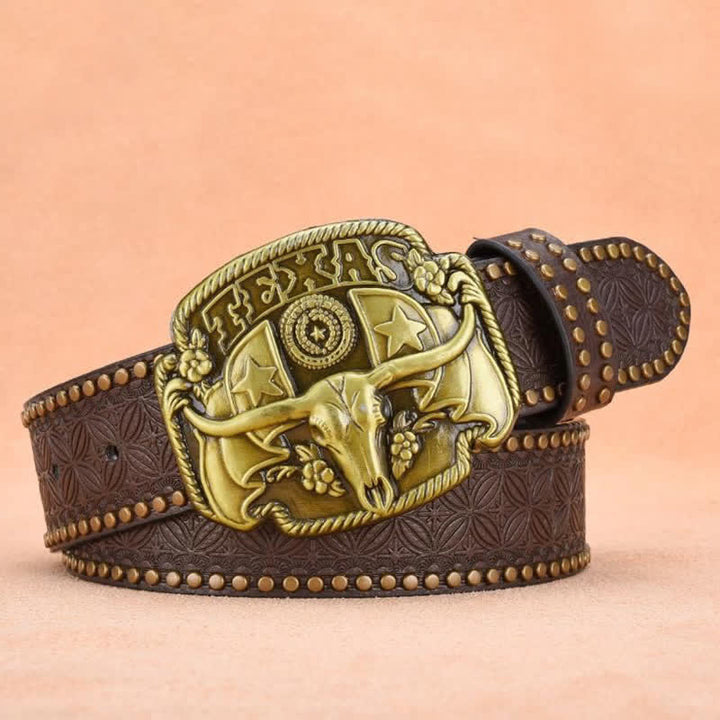 Cintura da uomo in pelle con rivetti Longhorn Steer Antique