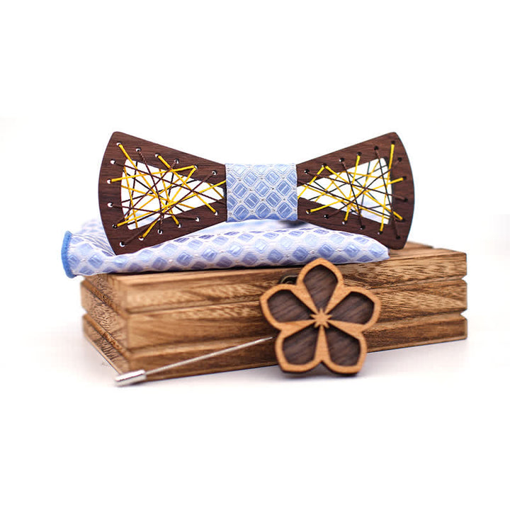 Set di 3 papillon in legno ricamati e intrecciati da uomo