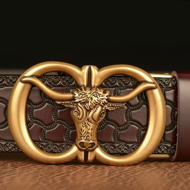 Cintura in pelle con fibbia a testa di toro da uomo