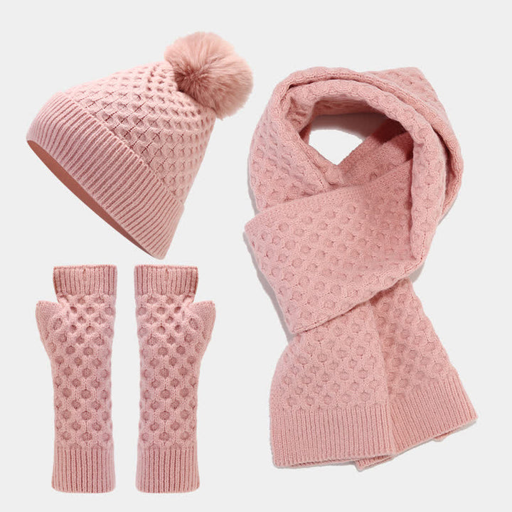 Set di 3 cappelli, sciarpe e guanti lavorati a maglia incrociati da donna