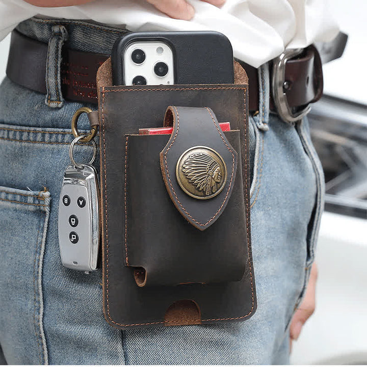 Fondina per telefono con bottone magnetico, borsa da cintura in pelle di cavallo pazzo