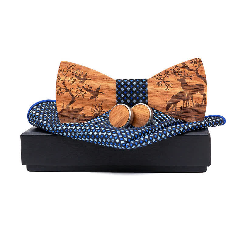 Set di 3 papillon in legno con motivo a alce natalizio da uomo - Blu - image 5