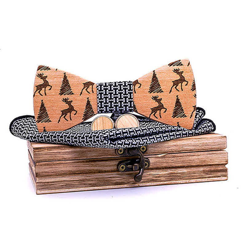 Set di 3 papillon in legno con motivo a cervo e albero di Natale da uomo