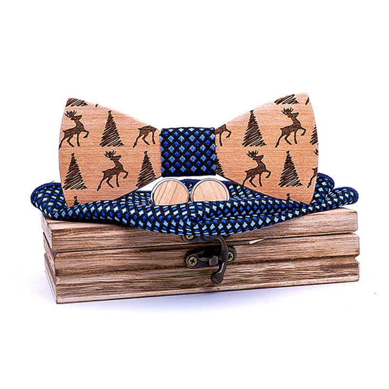 Set di 3 papillon in legno con motivo a cervo e albero di Natale da uomo