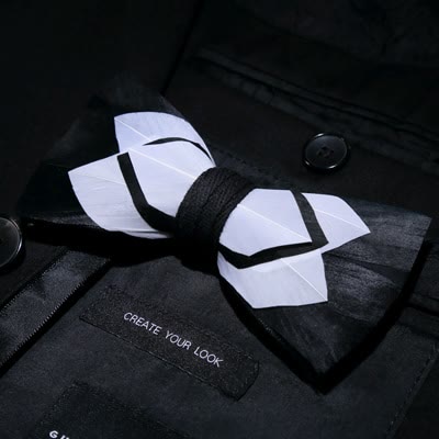 Papillon con piume sobrie bianche e nere con spilla da bavero