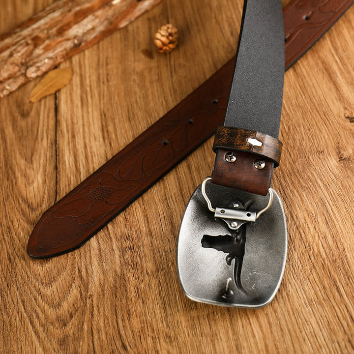 Cintura da uomo in pelle stampata con testa di mucca in stile western