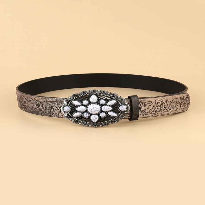Cintura in pelle goffrata con gemme bianche etniche da donna