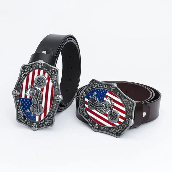 Cintura in pelle da uomo con teschio e bandiera americana per motociclisti