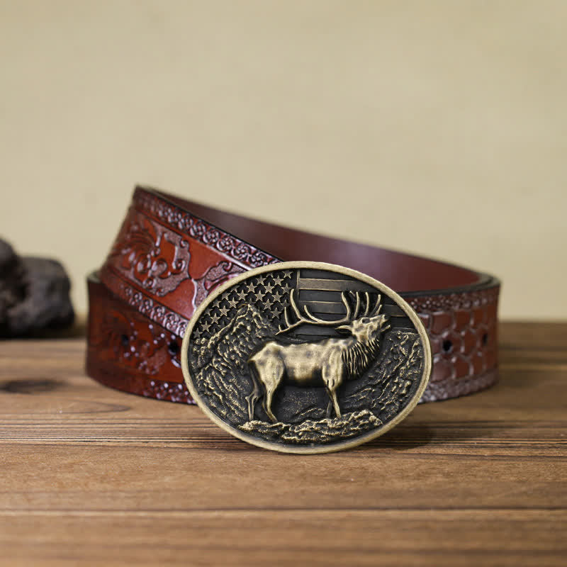 Cintura in pelle fai da te con fibbia della bandiera americana a forma di cervo e alce da uomo - Bronzo antico - Cintura marrone intagliata (40) - image 19