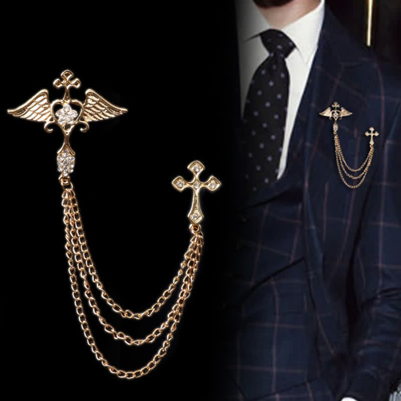 Spilla con nappa a croce con ali d'angelo da uomo - Oro - image 0