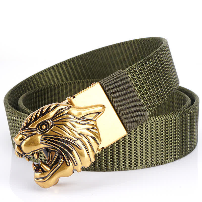 Cintura in nylon con testa di tigre ruggente da uomo - Verde militare / Oro - 48" - image 9