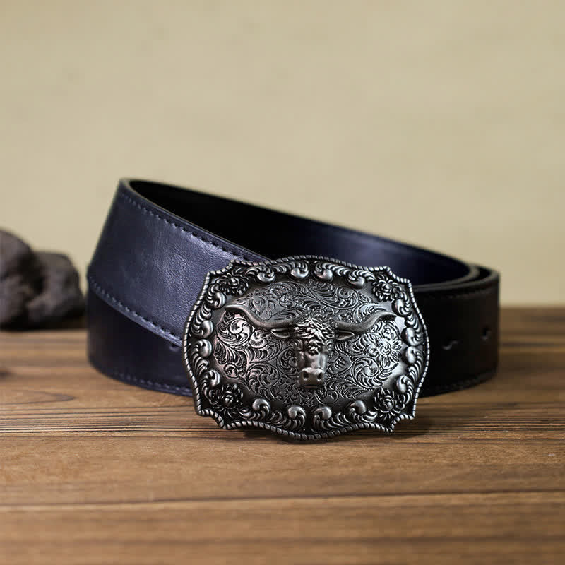 Cintura in pelle fai da te con fibbia in argento anticato Longhorn Bull da uomo