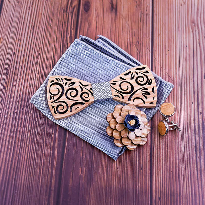Set di 4 papillon in legno con motivo a foglia cava da uomo - image 3