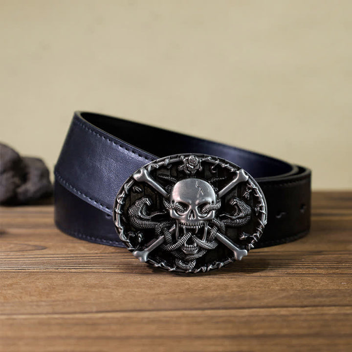Cintura in pelle con fibbia a serpente con teschio e croce gotica fai da te da uomo - Cranio - Cintura PU nera (40) - image 2