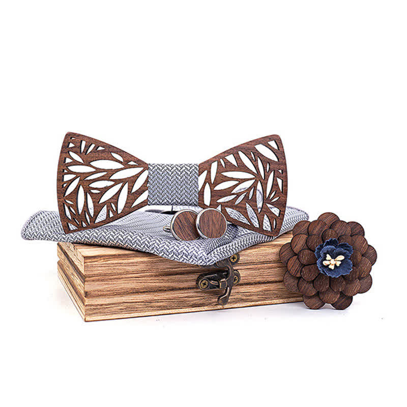 Set di 4 papillon in legno a forma di foglia cava da uomo