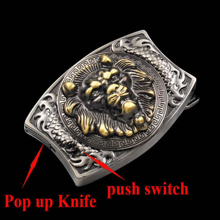 Cintura in pelle con coltello pieghevole nascosto con leone d'oro fai da te da uomo