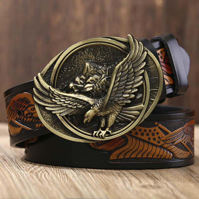 Cintura da uomo in pelle con fibbia a forma di aquila volante e motivo intagliato - Nero e giallo / bronzo - 46 - image 0