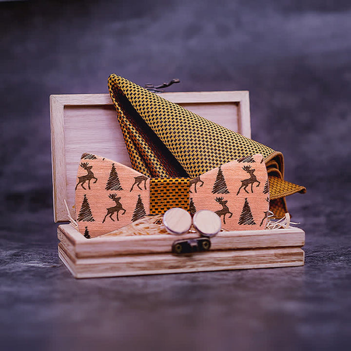 Set di 3 papillon in legno con motivo a cervo e albero di Natale da uomo