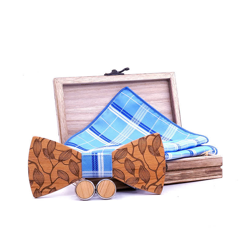 Set di 3 papillon in legno con motivo a foglia da uomo
