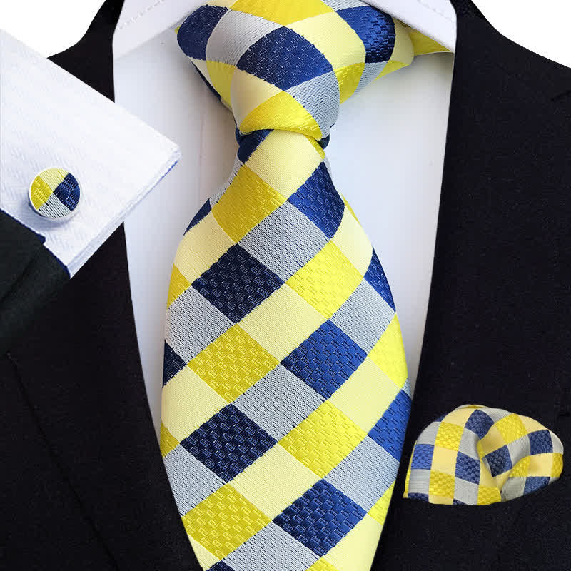 Set di 3 cravatte a quadri colorate da uomo - Giallo e blu navy - image 0