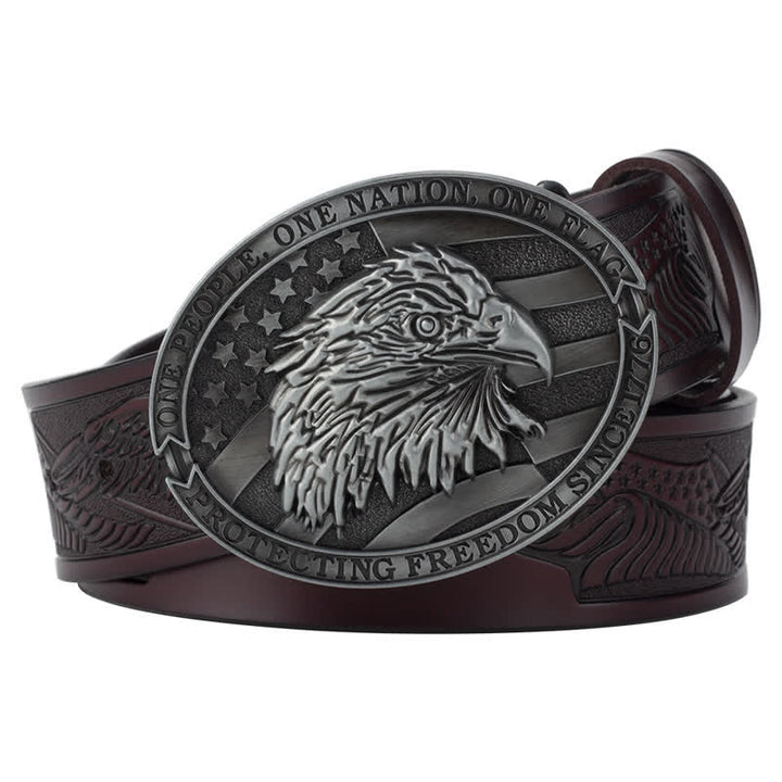 Cintura in pelle con fibbia della bandiera americana con testa d'aquila calva da uomo