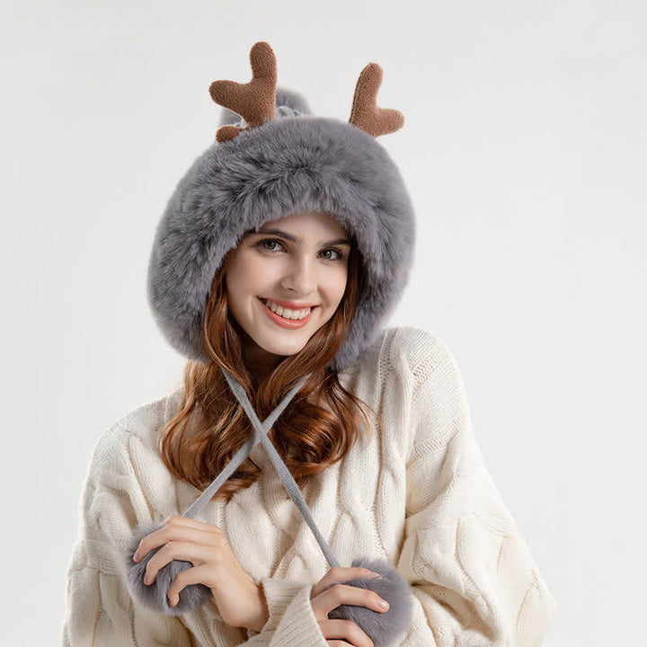Cappello lavorato a maglia con pompon in corno di cervo da donna - image 0
