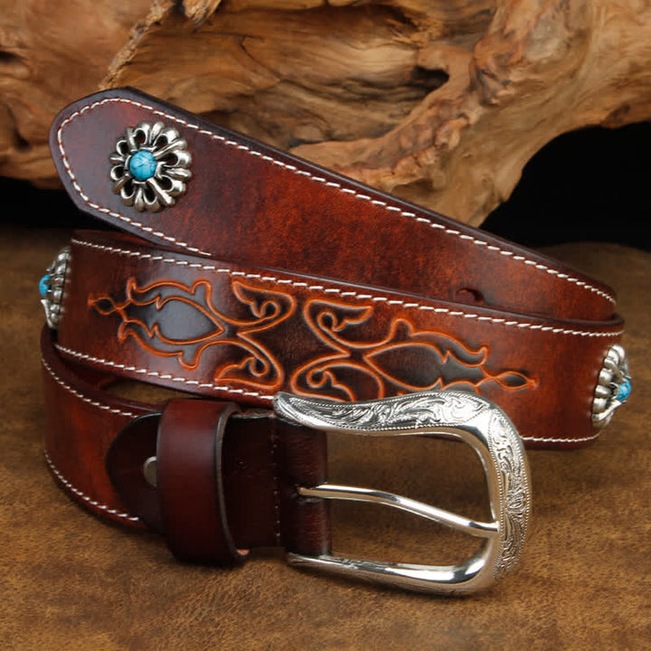 Cintura unisex retrò in pelle con fiori turchesi marroni