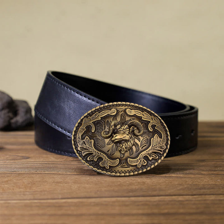 Cintura in pelle con fibbia a forma di testa di capra selvatica in bronzo fai da te da uomo