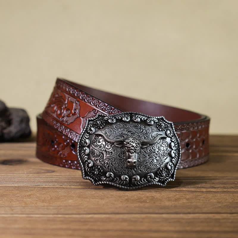 Cintura in pelle fai da te con fibbia in argento anticato Longhorn Bull da uomo