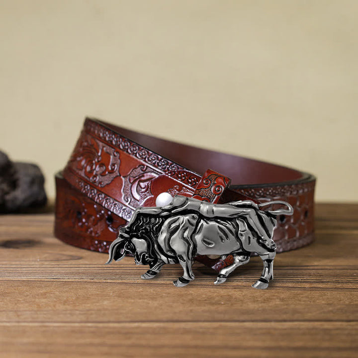 Cintura in pelle con fibbia a forma di toro in argento autentico fai da te da uomo