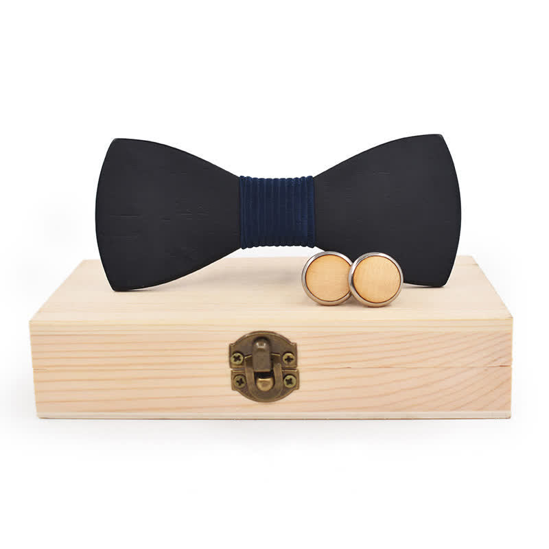 Set di 2 gemelli da uomo in legno nero con papillon - Twill blu navy - image 6