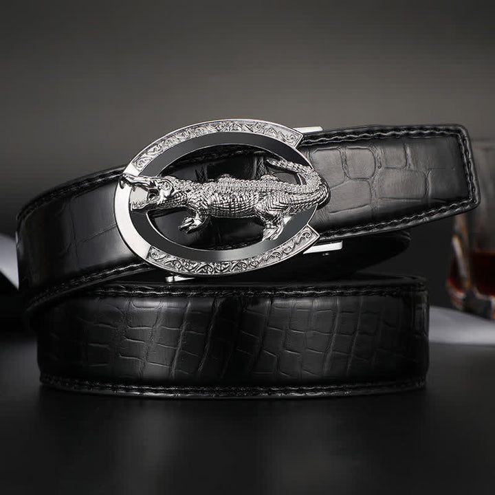 Cintura da uomo in pelle con stampa coccodrillo e fibbia automatica in alligatore - Nero / Argento - 42 - image 0