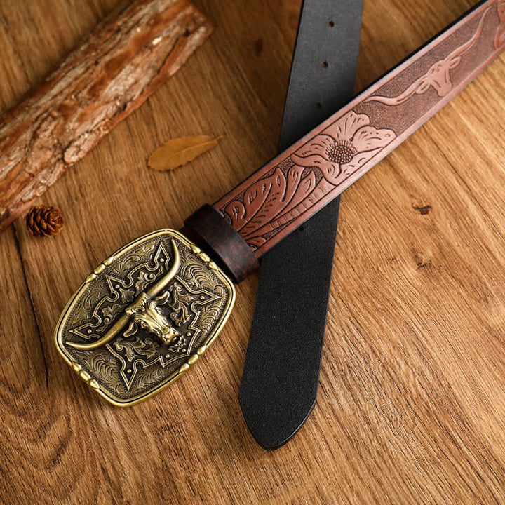 Cintura da uomo in pelle stampata con testa di mucca in stile western